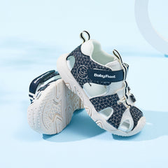 BabyFront Toddler Water Shoes - Blue Geometric Mesh Sandals with Closed Toe