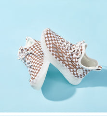 Baby Front Pastel Checkerboard Kids Knit Sneakers - Breathable Lightweight Toddler Shoes (White/Peach)