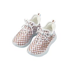 Baby Front Pastel Checkerboard Kids Knit Sneakers - Breathable Lightweight Toddler Shoes (White/Peach)