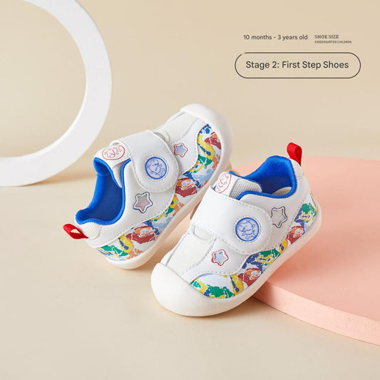 BabyFront Toddler First Walker Shoes - White Mesh with Colorful Cartoon Animal Prints