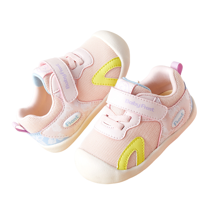BabyFront Pastel Floral Toddler Sneakers - Pink Mesh First Walker Shoes with Yellow Accents