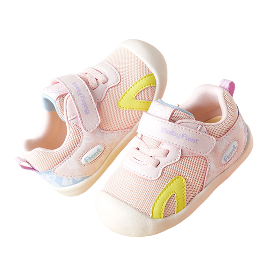 BabyFront Pastel Floral Toddler Sneakers - Pink Mesh First Walker Shoes with Yellow Accents
