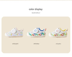 BabyFront Toddler First Walker Shoes - White Mesh with Colorful Cartoon Animal Prints