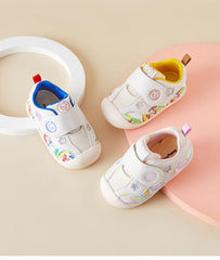 BabyFront Toddler First Walker Shoes - White Mesh with Colorful Cartoon Animal Prints