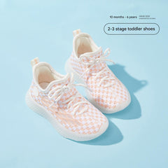 Baby Front Pastel Checkerboard Kids Knit Sneakers - Breathable Lightweight Toddler Shoes (White/Peach)