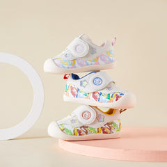 BabyFront Toddler First Walker Shoes - White Mesh with Colorful Cartoon Animal Prints