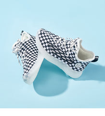 Baby Front Pastel Checkerboard Kids Knit Sneakers - Breathable Lightweight Toddler Shoes (White/Peach)