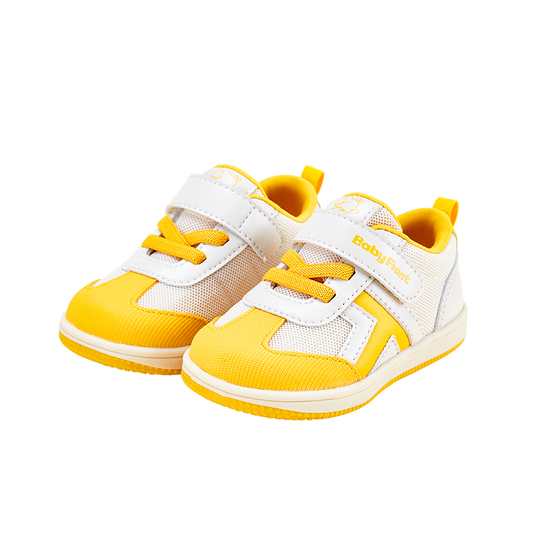 BabyFront Toddler Sunburst Sneakers - White Mesh Shoes with Yellow Accents & Elastic Laces