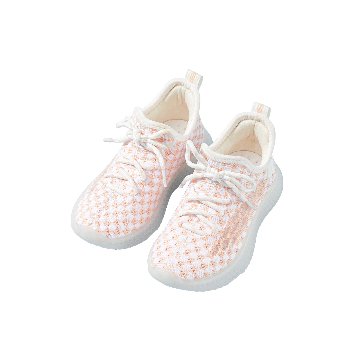Baby Front Pastel Checkerboard Kids Knit Sneakers - Breathable Lightweight Toddler Shoes (White/Peach)