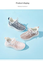 Baby Front Pastel Checkerboard Kids Knit Sneakers - Breathable Lightweight Toddler Shoes (White/Peach)