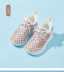 Baby Front Pastel Checkerboard Kids Knit Sneakers - Breathable Lightweight Toddler Shoes (White/Peach)