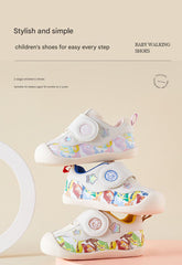 BabyFront Toddler First Walker Shoes - White Mesh with Colorful Cartoon Animal Prints