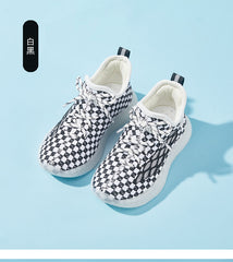 Baby Front Pastel Checkerboard Kids Knit Sneakers - Breathable Lightweight Toddler Shoes (White/Peach)