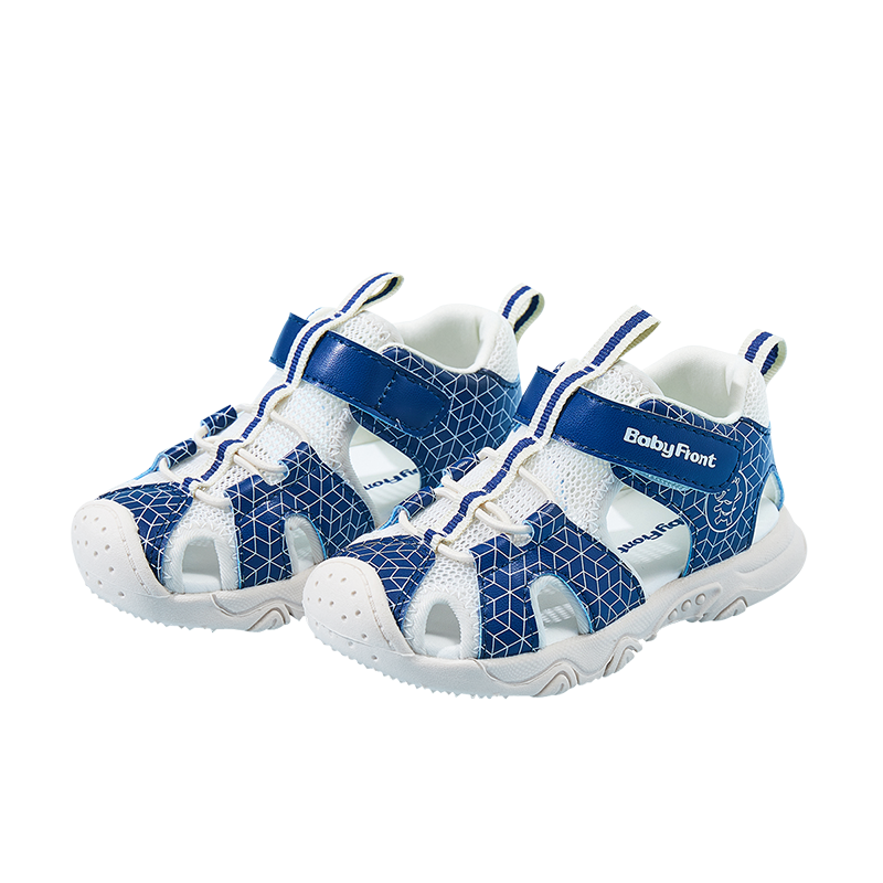 BabyFront Toddler Water Shoes - Blue Geometric Mesh Sandals with Closed Toe