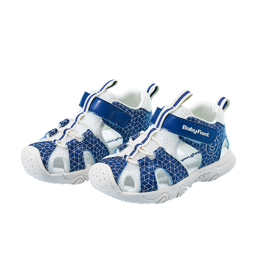 BabyFront Toddler Water Shoes - Blue Geometric Mesh Sandals with Closed Toe
