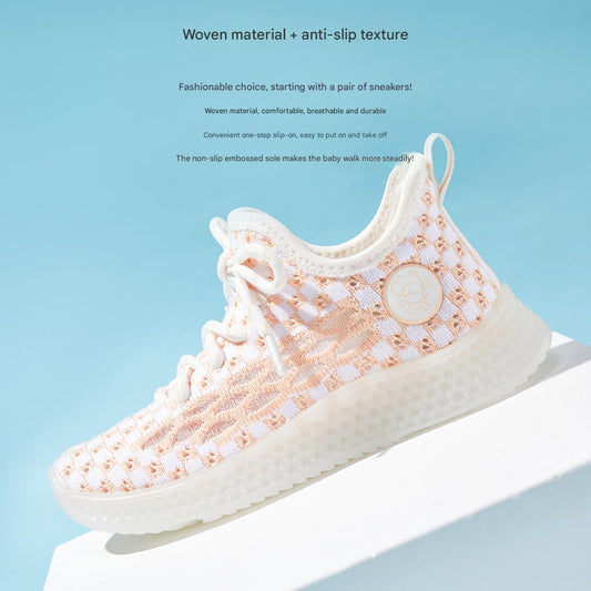 Baby Front Pastel Checkerboard Kids Knit Sneakers - Breathable Lightweight Toddler Shoes (White/Peach)