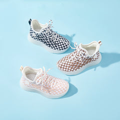 Baby Front Pastel Checkerboard Kids Knit Sneakers - Breathable Lightweight Toddler Shoes (White/Peach)
